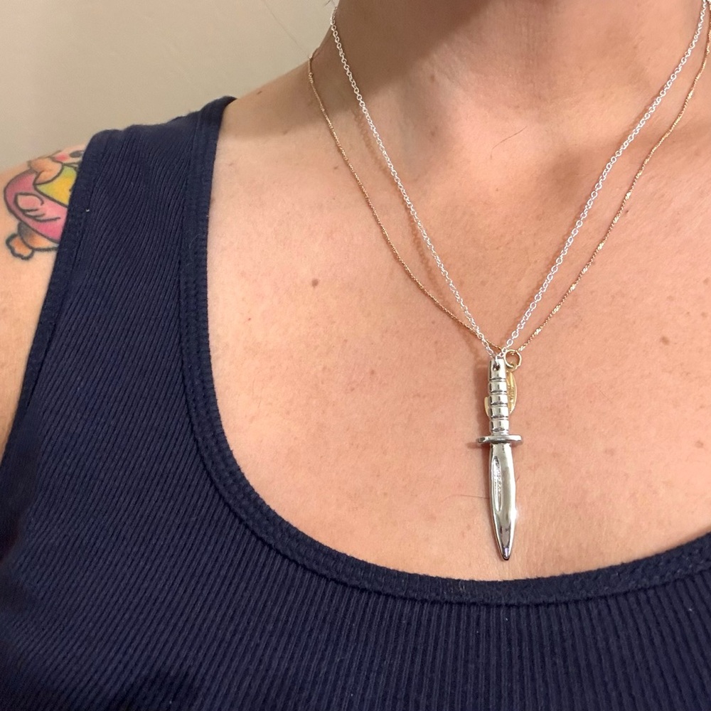 Dainty Silver Plated Dagger Necklace, 22” long, Dainty Silver Rolo Chain‎ - Picture 3 of 5